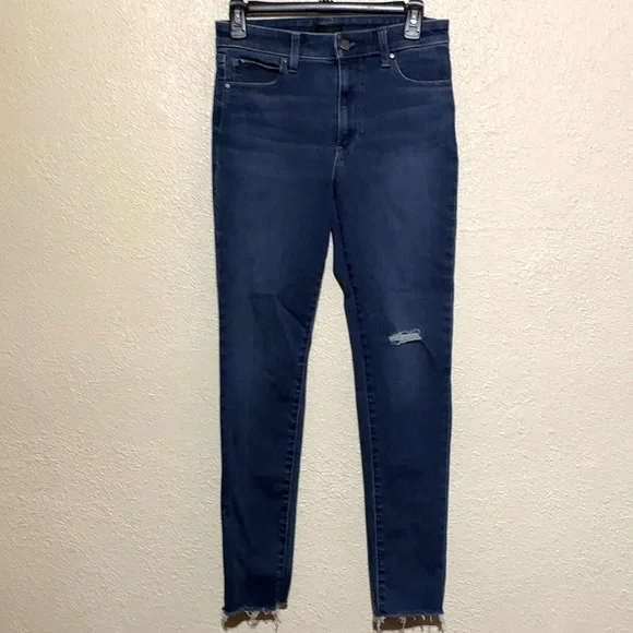 Uniqlo Jeans Pants 1/2 Blue Skinny Stretch Raw Hem High Rise Tapered Ripped